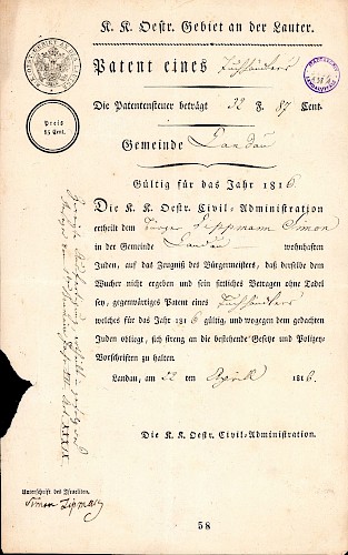 Patent für Tuchhändler Simon Lippmann, 1816 © Stadtarchiv Landau, Bildarchiv, AA 38