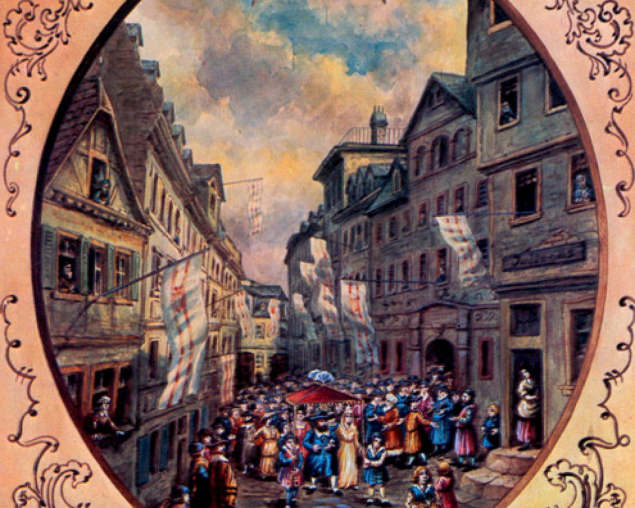 Hochzeitszug in der Mainzer Judengasse 1690, Reproduktion nach einem Aquarell im Besitz von A. M. Keim
