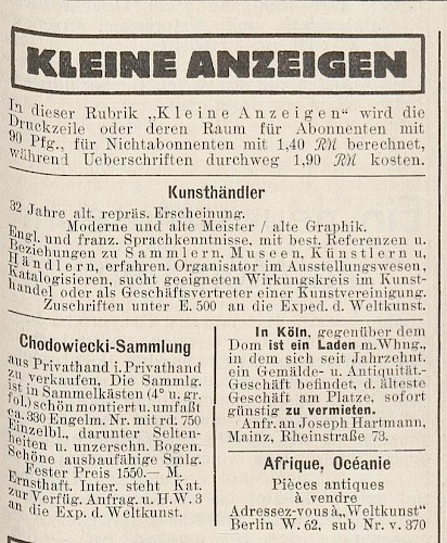 Anzeige: Antiquitäten Joseph Hartmann, Kurzer Führer durch die Sammlung im Kurfürstlichen Schloss, Werbeteil, S.8.