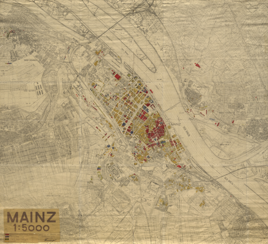 Plan der Stadt Mainz mit eingezeichneten Kriegszerstörungen nach 1942, Stadtarchiv Mainz, BPSP / 593 D