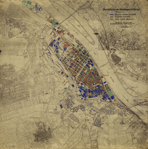 Plan der Stadt Mainz mit eingezeichneten Kriegszerstörungen nach 1945, Stadtarchiv Mainz, BPSP / 595 D.