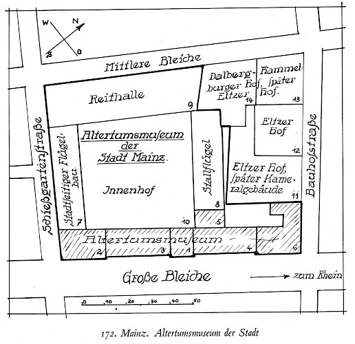 Grundriss der Golden-Ross-Kaserne mit dem Altertumsmuseum der Stadt Mainz, um 1937