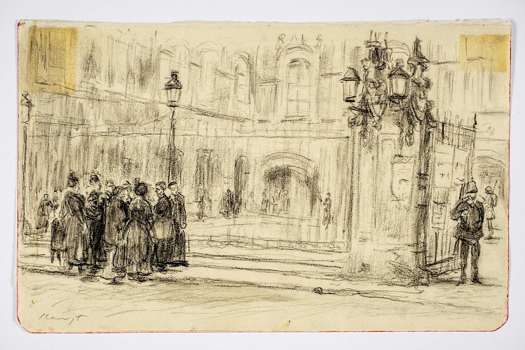 Max Slevogt, Vor der deutschen Kommandantur in Douai (19.10.1914), 1914, Bleistift, 12,2 x 19,2 cm, GDKE, Landesmuseum Mainz, Inv. Nr. GS 2023/263, Ankauf durch den Verein der Freunde 2023