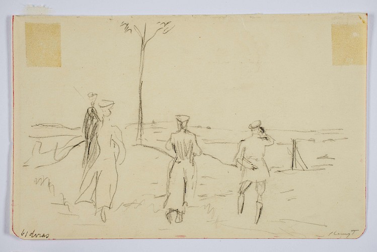 Max Slevogt, Prinz Leopold von Bayern beobachtet die französische Stellung bei Arras (20.10.1914), 1914, Bleistift, 12,2 x 19,2 cm, GDKE, Landesmuseum Mainz, Inv. Nr. GS 2023/264, Ankauf durch den Ver- ein der Freunde 2023