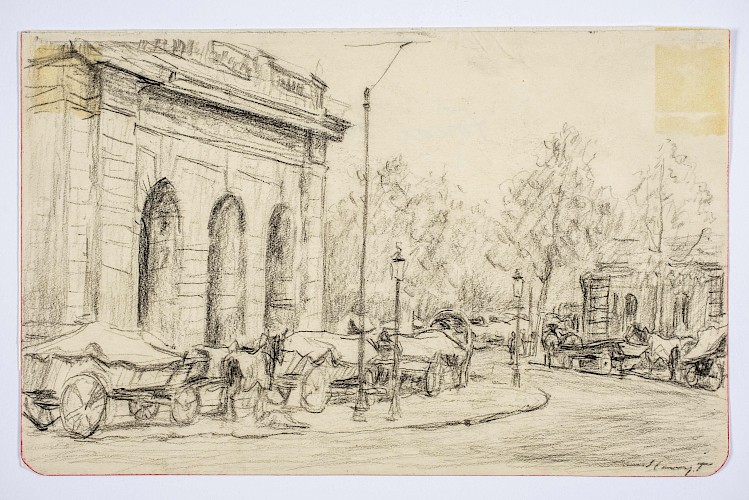 Max Slevogt, Kolonnenverschiebung an der Port de Valenciennes in Douai (31.10.1914), 1914, Bleistift, 12,2 x 19,2 cm, GDKE, Landesmuseum Mainz, Inv. Nr. GS 2023/265, Ankauf durch den Verein der Freunde 2023