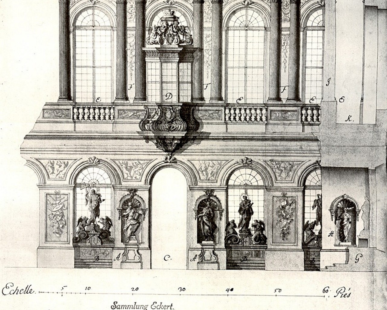 Maximilian von Welsch, Nicht ausgeführter Plan für die Hofkirche der Würzburger Residenz, 1726. Ehemals Sammlung Eckert, Würzburg.