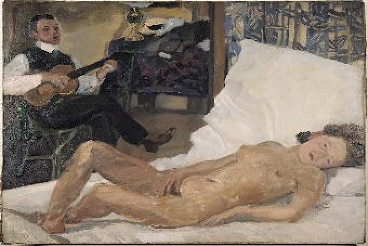 Albert Weisgerber: Liegender Akt mit Gitarrenspieler,  1907, Öl/Leinwand