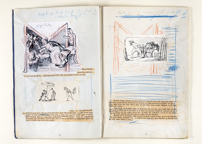 Max Slevogt, Layoutbuch zu Ali Baba und die vierzig Räuber, um 1903, blaues Schulheft mit Tusch- und Bleistiftzeichnungen sowie Cliches, GDKE, Landesmuseum Mainz, Inv. Nr. DL SL NL 2021/108