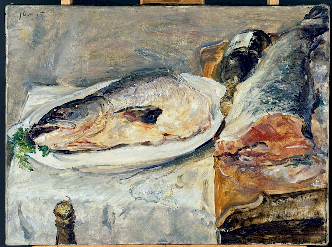 Max Slevogt, Lachsstillleben oder zerschnittener Lachs, 1923, Öl auf Leinwand, Germanisches Nationalmuseum, Nürnberg, Leihgabe Museen der Stadt Nürnberg, Kunstsammlungen, Inv. Nr. Gm 1770