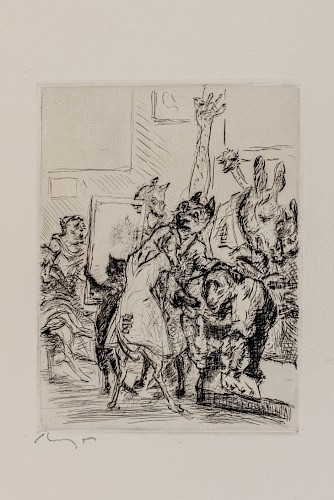 Max Slevogt, Reineke entdeckt den Maler Mandrillo, 1928, Radierung, GDKE, Landesmuseum Mainz, Inv. Nr. GS 1992/64