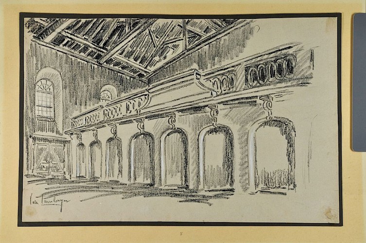 Vala Lamberger: Die Empore des 18. Jahrhunderts im Zustand um 1930. Kohlezeichnung (Reproduktion) © GDKE, Direktion Landesmuseum Mainz